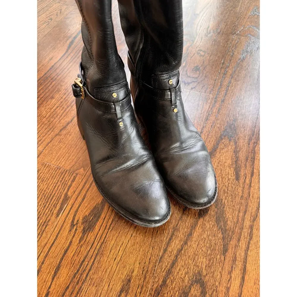 TORY BURCH Eloise Women's Boot US 8 Black Leather Zip Tall Riding Boots FLAW